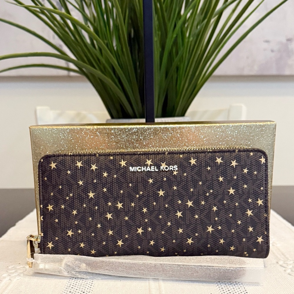 Michael Kors Brown Star-Print Zip Large Wallet